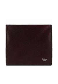 Portefeuille en cuir bordeaux avec une texture lisse, design plié en deux et un accent logo subtil dans le coin inférieur droit.