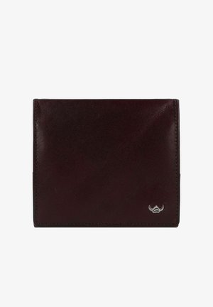 Bordeauxfarbenes Lederportemonnaie mit glatter Textur, im Taschenformat und subtiler Logo-Akzent in der unteren rechten Ecke.