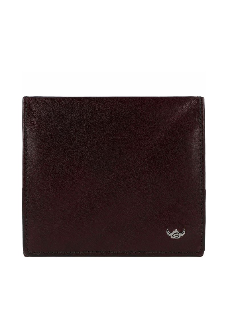 Portefeuille en cuir bordeaux avec une texture lisse, design plié en deux et un accent logo subtil dans le coin inférieur droit.