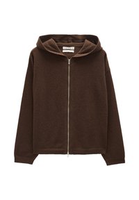 Brązowa bluza z kapturem na zamek, wykonana z miękkiego materiału. Posiada standardowy kaptur i ściągacze przy mankietach. Prosty design bez widocznych wzorów czy elementów metalowych.