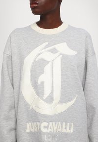 Gros plan d'une personne portant un sweat-shirt gris avec un grand logo stylisé "JC" blanc et le texte "Just Cavalli Milano".