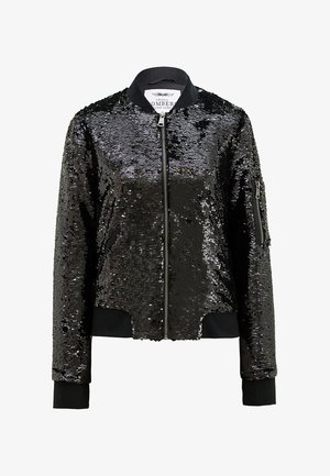 Black bomber jacket covered in sequins, featuring a zip front, ribbed collar, and cuffs. Includes a side pocket with zip closure.