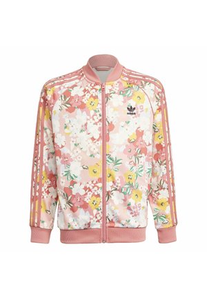 Rosa Adidas Jacke mit Reißverschluss, geripptem Kragen und Bündchen, mit einem mehrfarbigen Blumenmuster und drei Streifen an den Ärmeln.
