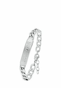 Pulsera de plata con un diseño de cadena gruesa y una placa rectangular grabada con el texto "ESCORPIONES", textura suave y cierre de langosta.