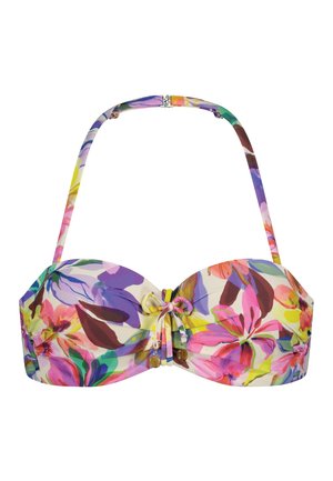 Bikini top multicolore con motivo floreale, tessuto morbido, dettagli arricciati, un fiocco al centro e sottili spalline regolabili.