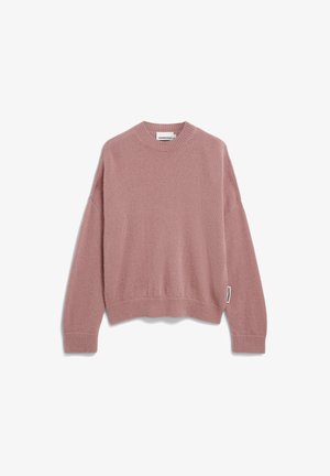 Stofroze gebreide trui met lange mouwen en een geribde ronde hals, manchetten en zoom, plat weergegeven op een witte achtergrond.