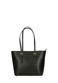 Zwarte neplederen tote bag met twee lange handvatten, een gestructureerde vorm, een textuur oppervlak en hardware accenten in goudkleur. Ritsluiting aan de bovenkant.