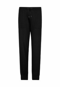 Czarne spodnie dresowe z elastycznym pasem i sznurkiem do regulacji, dwiema przednimi kieszeniami oraz zwężanymi mankietami. Wykonane z miękkiego materiału o gładkiej teksturze.