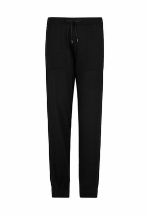 Svarta sweatpants med dragsko i midjan, två framsidefickor och avsmalnande mudd. Tillverkade av mjukt tyg med en slät yta.