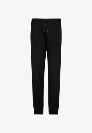 Czarne spodnie dresowe z elastycznym pasem i sznurkiem do regulacji, dwiema przednimi kieszeniami oraz zwężanymi mankietami. Wykonane z miękkiego materiału o gładkiej teksturze.