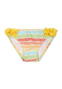 Fondo bikini colorato con un motivo di righe verticali blu, verde, arancione e rosso. Fiori di stoffa gialli sono attaccati ai fianchi.