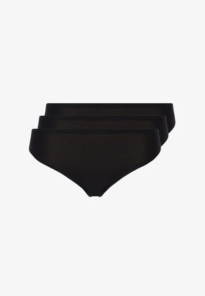 Drie paar hoge zwarte panties gemaakt van gladde stof, met een naadloos ontwerp en een elastische tailleband voor comfort.