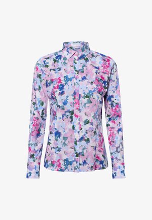Long-sleeved shirt in lightweight fabric featuring a floral print in pink, blue, and green shades with a pointed collar and button closure.