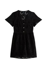 Black cotton dress featuring short sleeves, a deep V-neck, and button closure. The fabric has an embroidered floral pattern and scalloped hem.