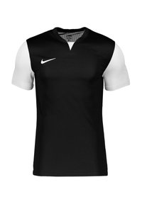 Svart kortärmad sporttröja med vita ärmar, V-halsdesign. Materialet har en slät textur. Nike-logotyp i vitt på bröstet.