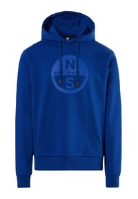 Felpa blu realizzata in morbido tessuto con tasca a marsupio, caratterizzata da un logo rotondo con le scritte "N" e "S" al centro e dettagli della corda nera.