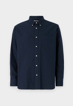 Granatowa koszula z guzikami wykonana z bawełny, z kołnierzykiem w kształcie spiczastym, przednią kieszenią i ośmioma dopasowanymi guzikami wzdłuż listwy.