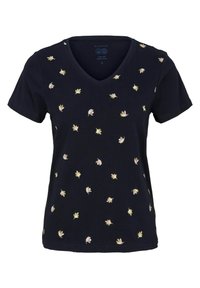 Camiseta de cuello en V de color navy hecha de algodón orgánico, con bordados florales dispersos en tonos crema y verde. Mangas cortas y dobladillo recto.