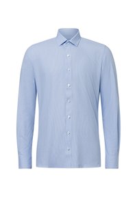 Hellblaues Langarmhemd mit karierter Musterung, klassischem Kragen, Knopfleiste und Ein-Knopf-Manschetten. Glatte Stofftextur.