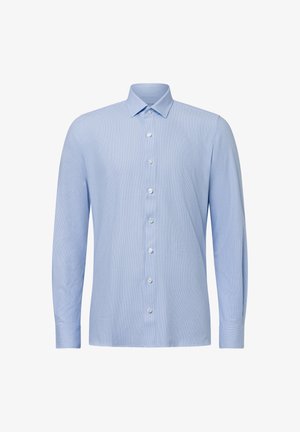 Hellblaues Langarmhemd mit karierter Musterung, klassischem Kragen, Knopfleiste und Ein-Knopf-Manschetten. Glatte Stofftextur.