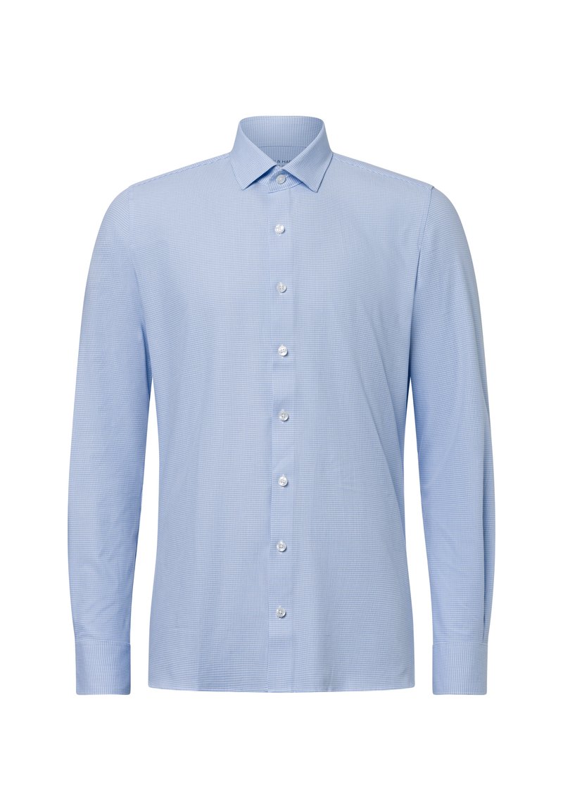 Hellblaues Langarmhemd mit karierter Musterung, klassischem Kragen, Knopfleiste und Ein-Knopf-Manschetten. Glatte Stofftextur.