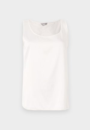 Biela bezrukávová blúzka s okrúhlym výstrihom, vyrobená z hladkej, lesklej látky; jednoduchý dizajn bez vzorov alebo ozdôb.