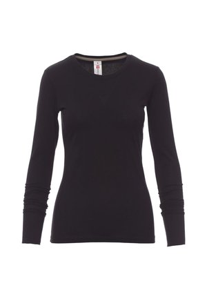 Chemise noire à manches longues en tissu doux avec un col rond, une coupe ajustée et des détails froncés aux manches pour un ajustement parfait.