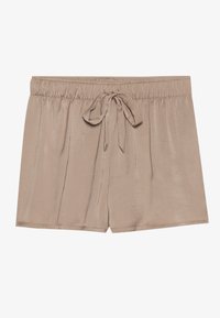 Beige Satin-Shorts mit elastischem Taillenbund und Bindeband. Lockere Passform mit Falten-Detail an der Vorderseite für zusätzliche Textur.