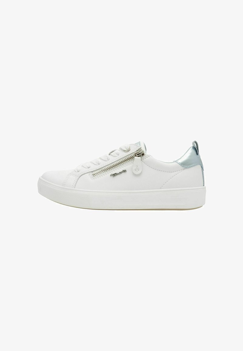 White low-top sneaker with side zipper, white laces, metallic blue heel detail, and rubber sole.