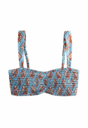 Blåt og brunt mønstret smocket croptop med tynde stropper og tekstureret stof.