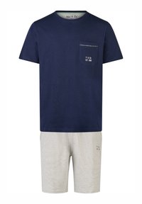 Pánský pyžamový set obsahující námořnické tričko s krátkým rukávem a náprsní kapsou a šedé pruhované kraťasy s decentním logem.