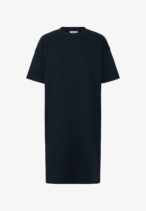 Schwarzes T-Shirt-Kleid mit kurzen Ärmeln und Rundhalsausschnitt, geradem Schnitt und Oberschenkellänge vor weißem Hintergrund.