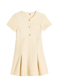 Korte mouw, A-lijn jurk van gestructureerde beige stof met een ronde halslijn, hartvormige knopen en een flared rok met zijplooien.