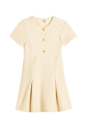 Korte mouw, A-lijn jurk van gestructureerde beige stof met een ronde halslijn, hartvormige knopen en een flared rok met zijplooien.