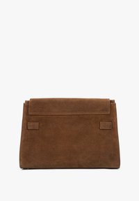Brown suede clutch bag with a structured rectangular shape, featuring a flat top flap and small square detail on the front.