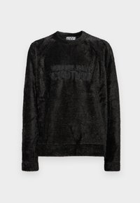 Μαύρη φλις μπλούζα με στρογγυλή λαιμόκοψη και μακριά μανίκια. Διαθέτει ανάγλυφο λογότυπο «VERSACE JEANS COUTURE» στο μπροστινό μέρος. Μαλακή υφή, casual σχέδιο.