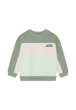 Grüner und hellmintfarbener Sweatshirt mit Color-Block-Design, verfügt über einen gerippten Ausschnitt und Ärmelbündchen sowie den Schriftzug "THE NEW KIDS CLUB" auf der Vorderseite.
