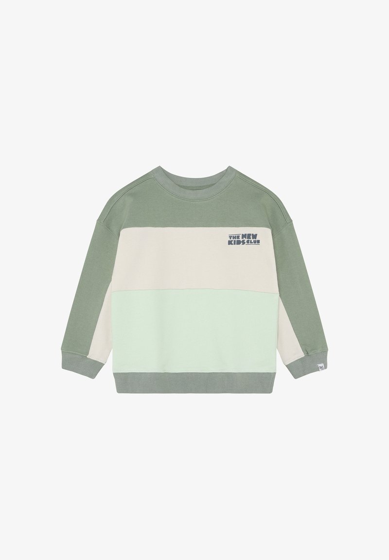 Grüner und hellmintfarbener Sweatshirt mit Color-Block-Design, verfügt über einen gerippten Ausschnitt und Ärmelbündchen sowie den Schriftzug "THE NEW KIDS CLUB" auf der Vorderseite.