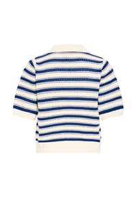 Pulover s kratkimi rokavi v kremni in mornarsko modri črtasti vzorĉki, z pleteno teksturo ter ribastim ovratnikom in zapestji. Zadnji pogled prikazuje enoten vzorec.