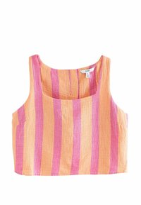Top corto con tirantes en tejido texturizado, que presenta rayas verticales alternadas en naranja y rosa. Escote cuadrado con un corte relajado.