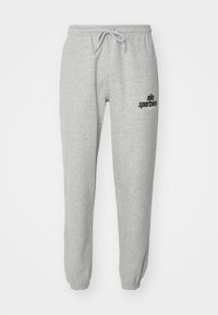 Grijze sweatpants van een katoenmix, met een elastische tailleband met trekkoord, aangesloten enkels en een zwart logo op de linker dij.