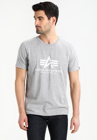 Gray cotton t-shirt with short sleeves, featuring a white graphic design of the brand name "Alpha Industries" and a logo.