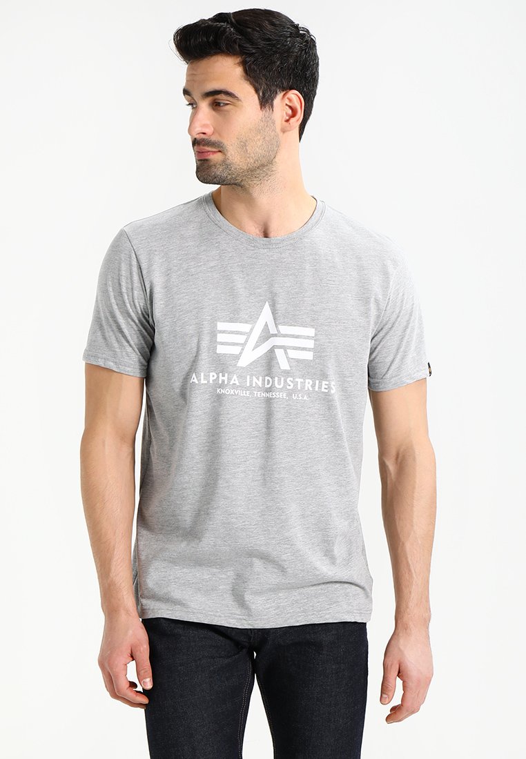 Gray cotton t-shirt with short sleeves, featuring a white graphic design of the brand name "Alpha Industries" and a logo.