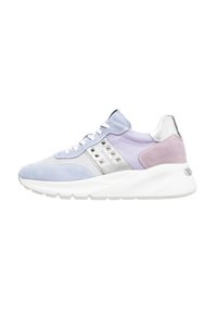 Light blue and lavender sneaker with suede, mesh, and metallic accents. Features a white sole, lace-up front, and decorative studs on the side.