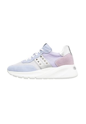 Light blue and lavender sneaker with suede, mesh, and metallic accents. Features a white sole, lace-up front, and decorative studs on the side.