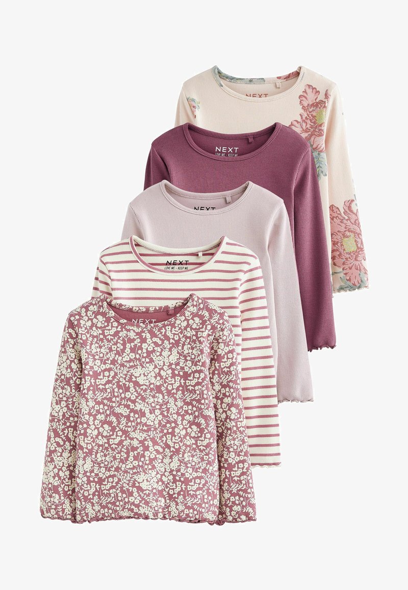 Öt hosszú ujjú felső szett különböző rózsaszín és lila árnyalatokban. Virágmintákkal, csíkos kialakítással, bordázott textúrával és kerek nyakkivágással rendelkezik.