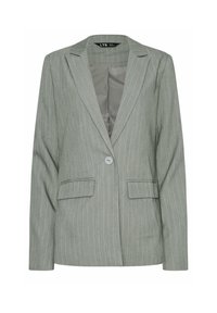 Grijs gestreepte blazer met notch-lapels, enkele knoopsluiting, twee opgestikte zakken en een gladde binnenvoering.