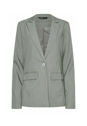 Blazer grigio a righe con revers a punta, chiusura a un bottone, due tasche a toppa e una fodera interna liscia.