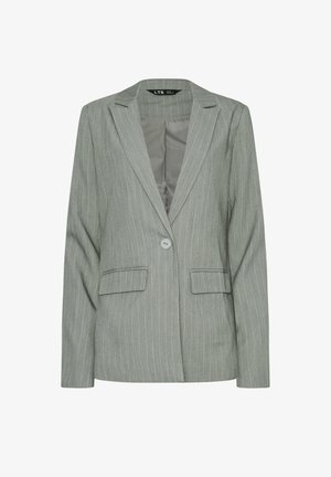 Blazer gris à rayures, avec revers crantés, fermeture à un bouton, deux poches plaquées et une doublure intérieure lisse.