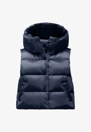 Dunkelblaues gepolstertes Weste mit hohem Kragen, großer Kapuze und Fronttaschen. Verfügt über ein gestepptes Design mit sichtbaren Nähten.